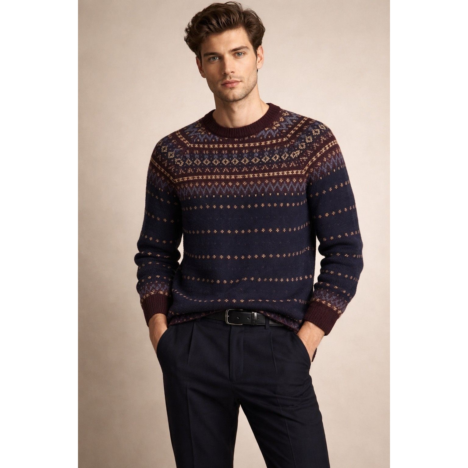 Roberto Collina Mens Fair Isle Nordic Sweater 100% Wool Knit Long Sleeve Brown M